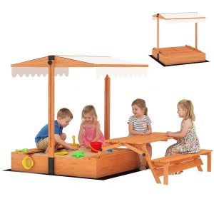 Medinė smėlio dėžė su stogu ir sulankstomu pikniko stalu